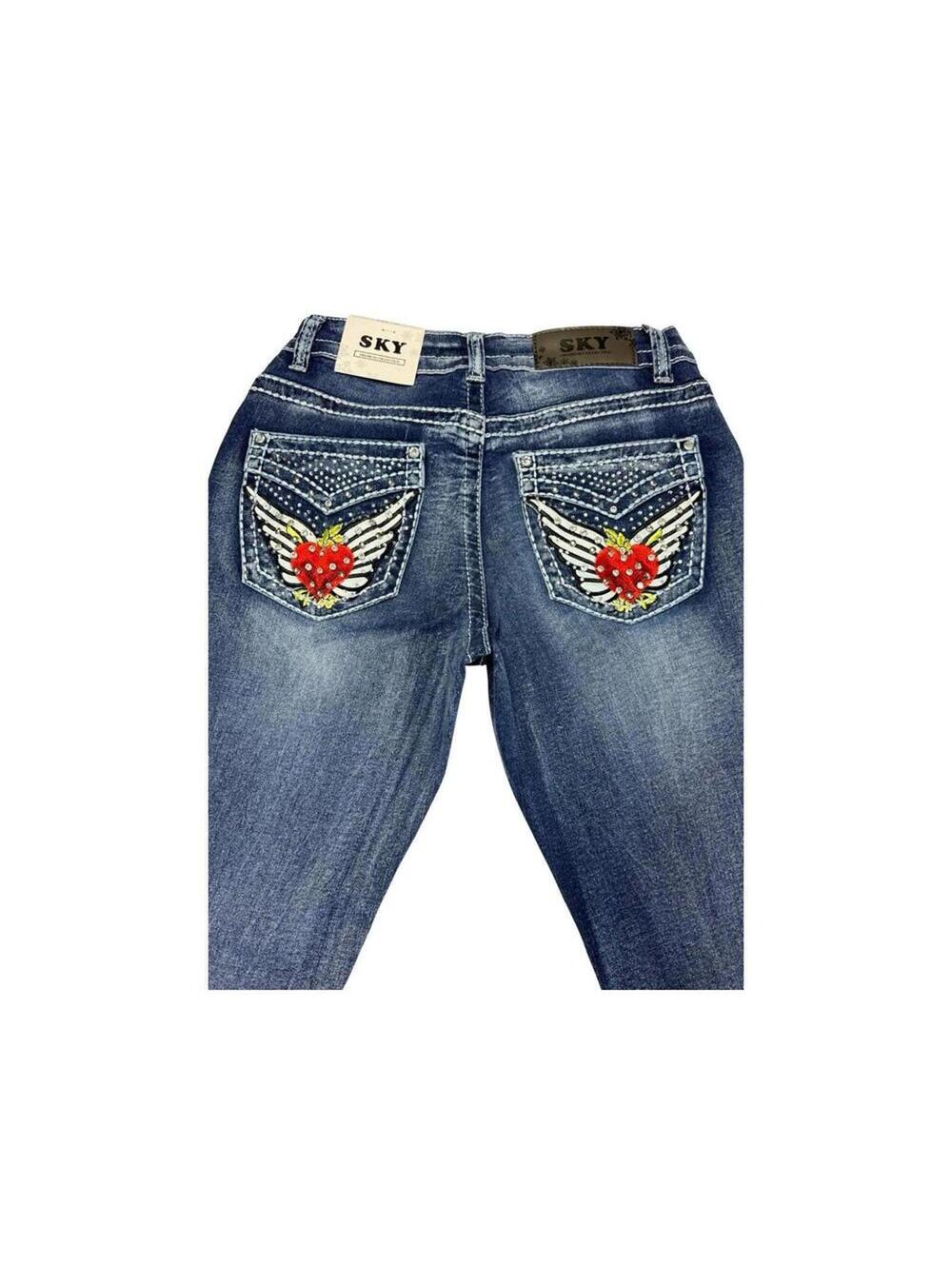 SKY Low Rise Bootcut Jeans Women Rhinestone Wing Heart Pockets NWT Size 7 Y2K